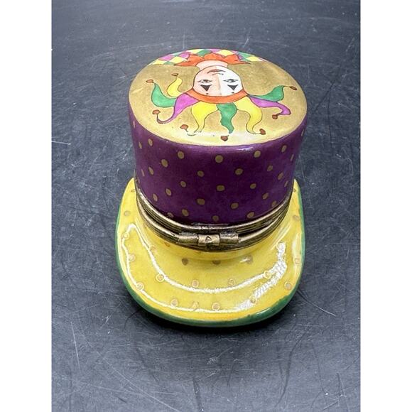 Limoges Peint Main Jester Top Hat Porcelain Trinket Box Hand Painted 2 Inch RARE - Picture 4 of 10